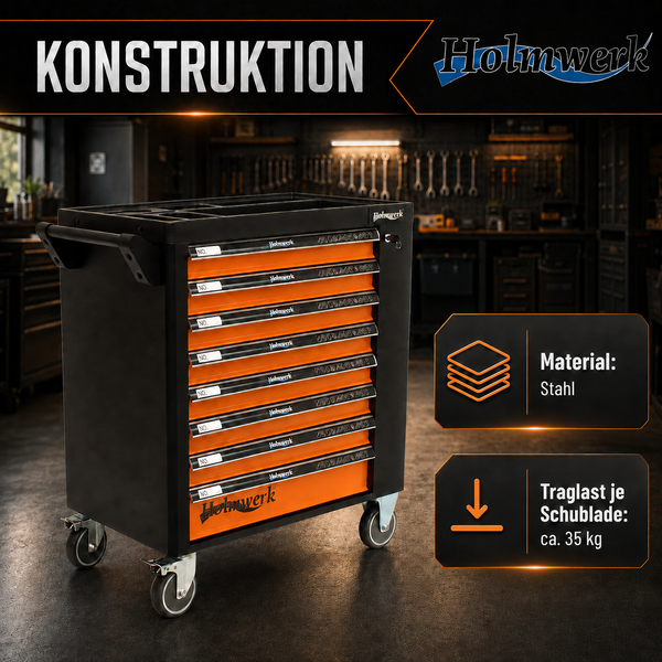 Holmwerk Werkstattwagen aus Stahl mit acht Schubladen, Traglast pro Schublade circa 35 Kilogramm. Holmwerk Logo.