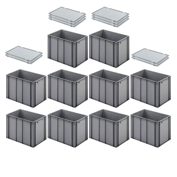 PROREGAL SuperSparSet 10x Eurobehälter mit Geschlossenem Griff und Scharnierdeckel HxBxT 42 x 40 x 60 cm 70 Liter Grau Eurobox Transportbox