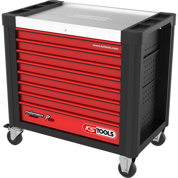 KS Tools Performance Plus P30 Werkstattwagen in Rot und Schwarz mit acht Schubladen, Edelstahlarbeitsplatte und vier Rollen.