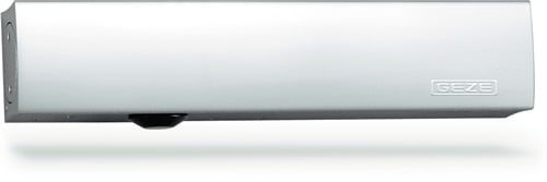 GEZE Obentürschließer aus Metall in Silber mit GEZE Logo.