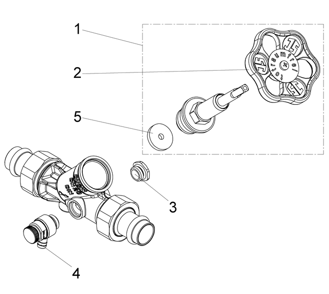 Technische Explosionszeichnung eines Ventils mit totraumfreiem Oberteil und nummerierten Ersatzteilen wie Handrad, Dichtung und Entleerungsventil.