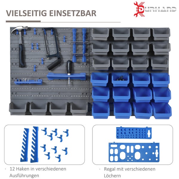 DURHAND, Wandregal mit Stapelboxen, Werkzeuglochwand, 54B x 22T x 95H cm, PP, Blau