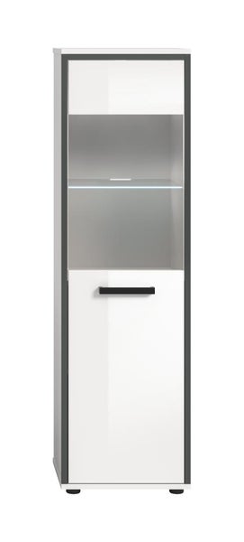 Badezimmer-Hochschrank mit weißer Hochglanzfront, anthrazitfarbenem Rahmen, Glaselement und integrierter Beleuchtung.