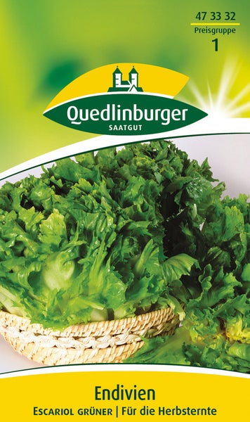 Quedlinburger Saatgut Samentüte für Endivien Escariol Grüner mit Abbildung von Endiviensalat in einem Weidenkorb.