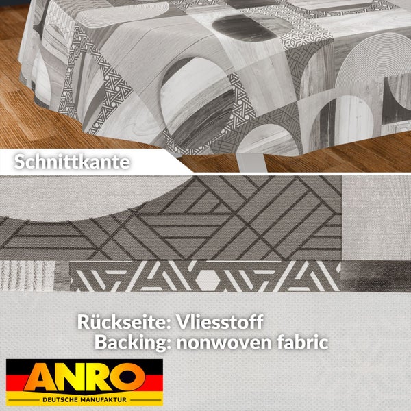 Tischdecke mit geometrischem Muster, Schnittkante und Rückseite aus Vliesstoff. ANRO Deutsche Manufaktur Logo.