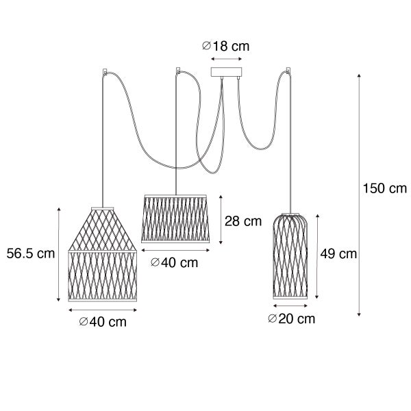 Technische Zeichnung einer 3-flammigen Pendelleuchte mit Maßen: Gesamthöhe 150 Zentimeter, Durchmesser der Schirme 40 und 20 Zentimeter.