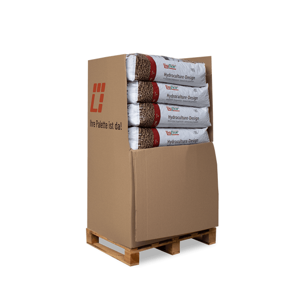 Liaflor Hydroculture-Design Blähton, mehrere Säcke in einem Display-Karton auf einer Holzpalette gestapelt.