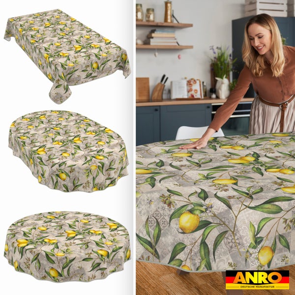 Abwaschbare Tischdecke mit Zitronenmuster in den Formen rechteckig, oval und rund sowie eine Frau in einer modernen Küche. ANRO Logo.