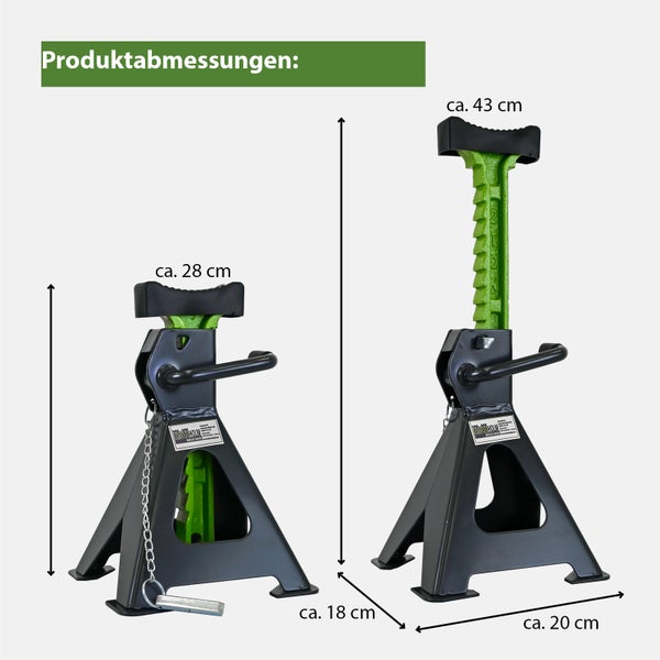 Zwei Unterstellböcke mit Maßangaben von circa 28 bis 43 Zentimeter Höhe und einer Grundfläche von circa 18 mal 20 Zentimetern.