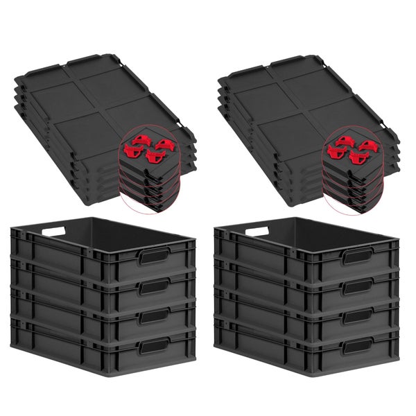 PROREGAL SuperSparSet 8x Eurobox NextGen Grip mit Auflagedeckel inkl. 4 roten Schiebeschnappverschlüssen, HxBxT 12x40x60cm, 23 Liter, Schwarz, Griffe offen, Eurobehälter, Transportbox, Transportbehälter, Stapelbehälter