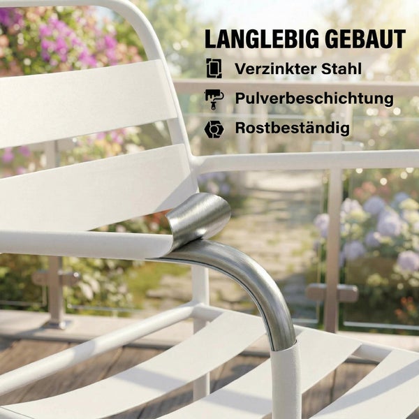 Gartenstuhl aus verzinktem Stahl mit Pulverbeschichtung, rostbeständig, Detailansicht der Materialschichten.