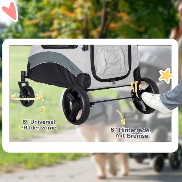 PawHut Hundewagen Hundetrolley Hundebuggy Pet Stroller mit 4 Rädern Katzenbuggy für kleine und mittelgroße Hunde Katzen Netzfenster Seitentasche faltbar Oxfordstoff Grau+Schwarz 107 x 67 x 102 cm