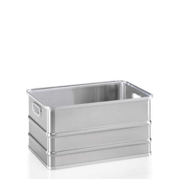 Offene Transportbox aus Aluminium mit seitlichen Tragegriffen und verstärkten Wänden.