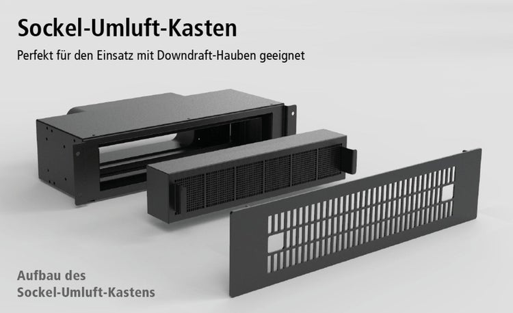 Explosionszeichnung eines Sockel Umluft Kasten für Downdraft Dunstabzugshauben mit Gehäuse Filtereinsatz und Lüftungsgitter