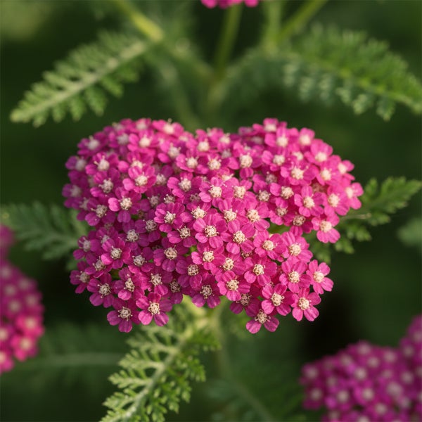 Pinke Schafgarbe Achillea mit doldenförmigen Blütenständen und gefiederten grünen Blättern.