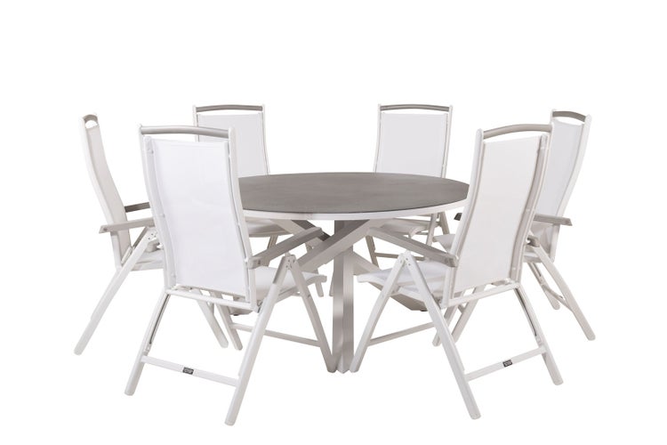 Copacabana Gartenset Tisch Ø140cm und 6 Stühle 5posalu Albany weiß, grau, cremefarben. 140 X 140 X 74 cm