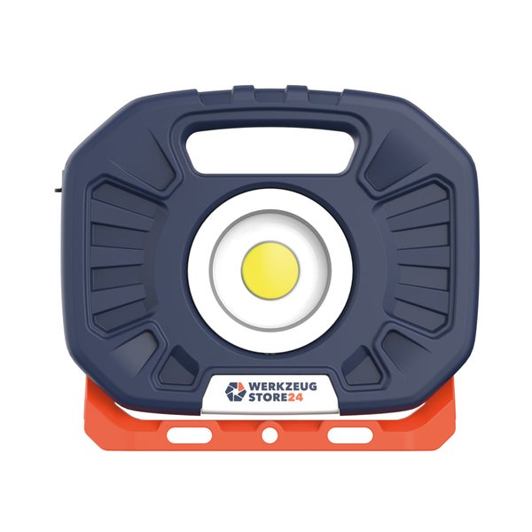 Tragbarer LED-Arbeitsstrahler in Blau und Orange mit Tragegriff und verstellbarem Standfuß.