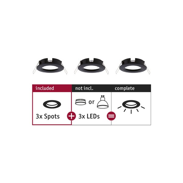 Set aus drei Einbaustrahlern ohne Leuchtmittel zur Darstellung des Lieferumfangs und der benötigten Komponenten.
