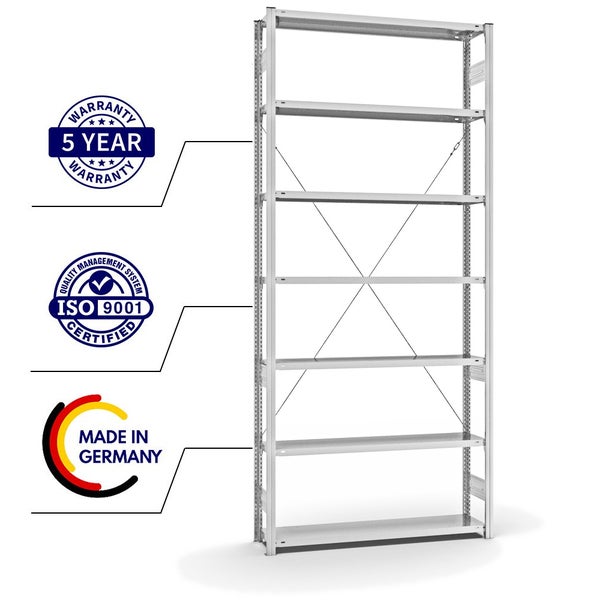 PROREGAL Fachbodenregal Stecksystem T-Profil Medium-Duty Grundregal HxBxT 300 x 130 x 30 cm 7 Ebenen Fachlast 200 kg Einseitig Nutzbar Lichtgrau