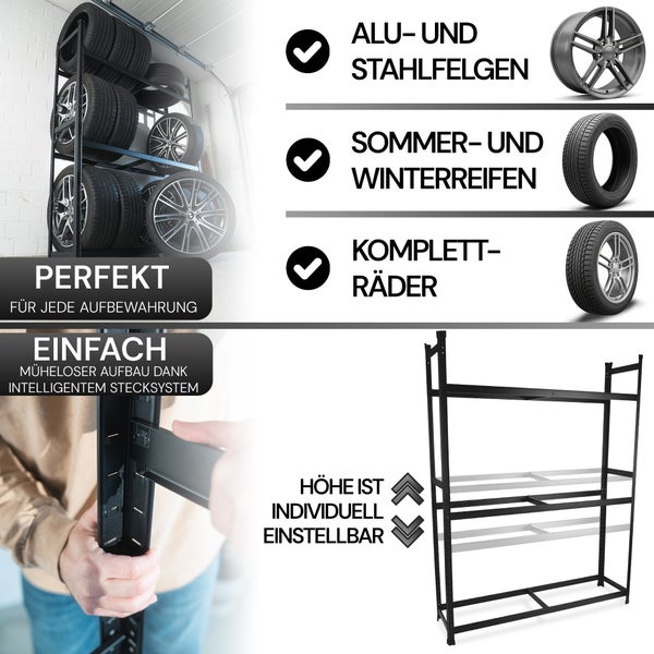 ALL Premium Reifenregal 18 Reifen 200x150x40cm Schwarz – 250 kg Traglast, Reifenregal 16 Reifen, Reifenständer & Reifenhalter – Felgenbaum Garagen Zubehör für Garage & Lager