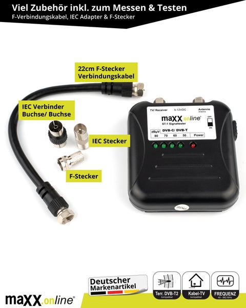 maxx.onLine Signaltester Kabelfernsehen Messgerät DVB-C/DVB-T, Antennensignal messen, Signalstärke Kabelfernsehen überprüfen, Kabel TV analog/digital Tester