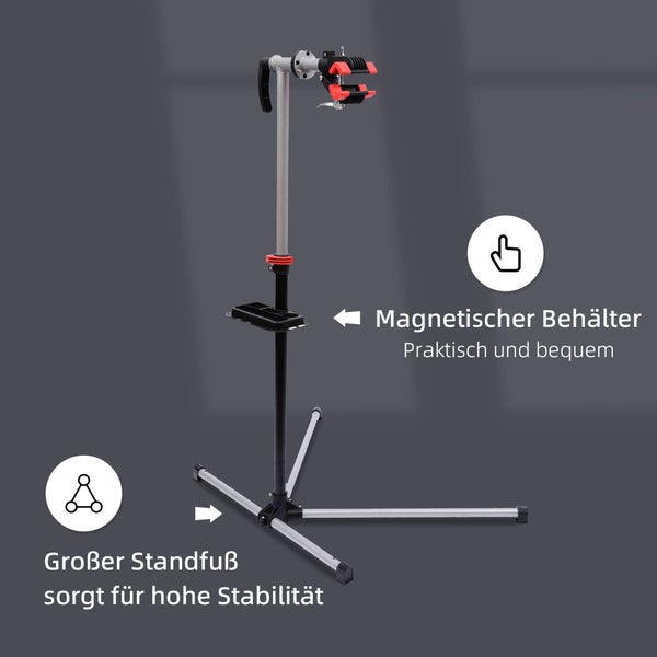 HOMCOM Fahrradmontageständer, Reparaturständer mit Werkzeugablage, L100 x B66 x H109 -180 cm, Stahlrohr, PP + Q195 Stahl, Schwarz