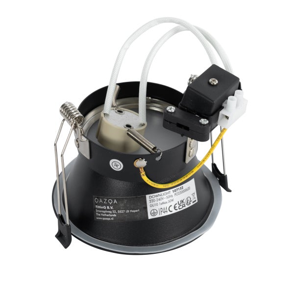 Einbaustrahler Downlight mit GU10 Fassung, Anschlussklemme und Befestigungsfedern, Schutzart IP44.