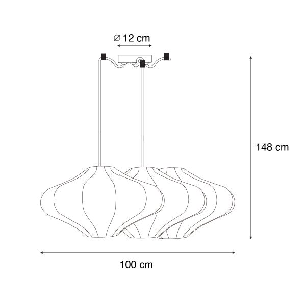 Technische Zeichnung einer dreiflammigen Pendelleuchte mit Maßen: Breite 100 Zentimeter, Höhe 148 Zentimeter, Baldachindurchmesser 12 Zentimeter.