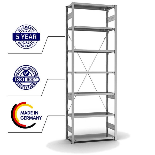 PROREGAL Fachbodenregal Stecksystem T-Profil Medium-Duty Grundregal HxBxT 300 x 100 x 40 cm 7 Ebenen Fachlast 225 kg Einseitig Nutzbar Verzinkt