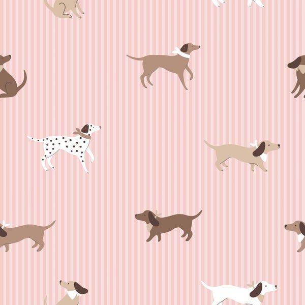 Tapete mit Hundemuster, Dalmatiner und Dackel auf rosa gestreiftem Hintergrund.