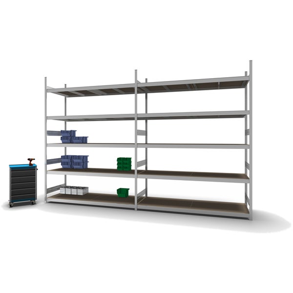 PROREGAL Weitspannregal Stecksystem T-Profil Grundregal HxBxT 300x225x80 cm 5 Ebenen Spanplatten Fachboden Fachlast 350 kg Verzinkt
