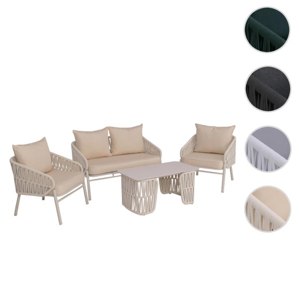 Gartenmöbel-Lounge-Set aus Seilgeflecht mit Sofa, zwei Sesseln, Tisch und Polstern. Verschiedene Farbausführungen verfügbar.