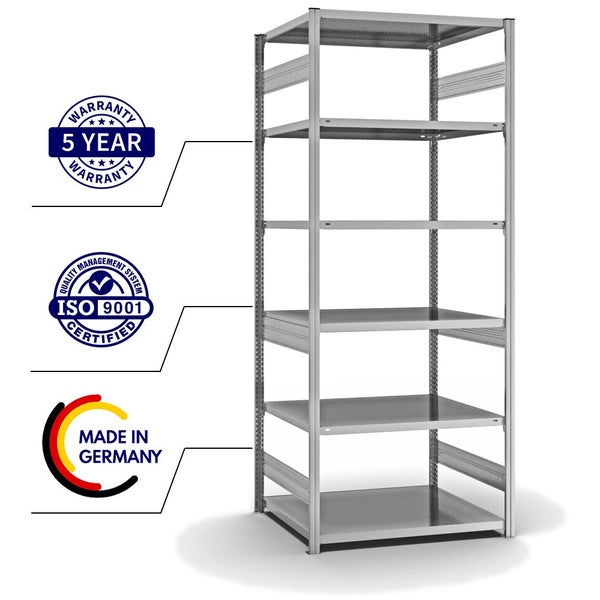 PROREGAL Fachbodenregal Stecksystem T-Profil Medium-Duty Grundregal HxBxT 250 x 100 x 80 cm 6 Ebenen Fachlast 230 kg Beidseitig Nutzbar Verzinkt