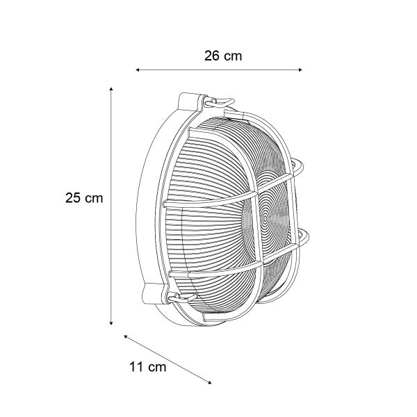 Technische Zeichnung einer Wandleuchte mit Schutzgitter, Abmessungen 25 Zentimeter Höhe, 26 Zentimeter Breite und 11 Zentimeter Tiefe.