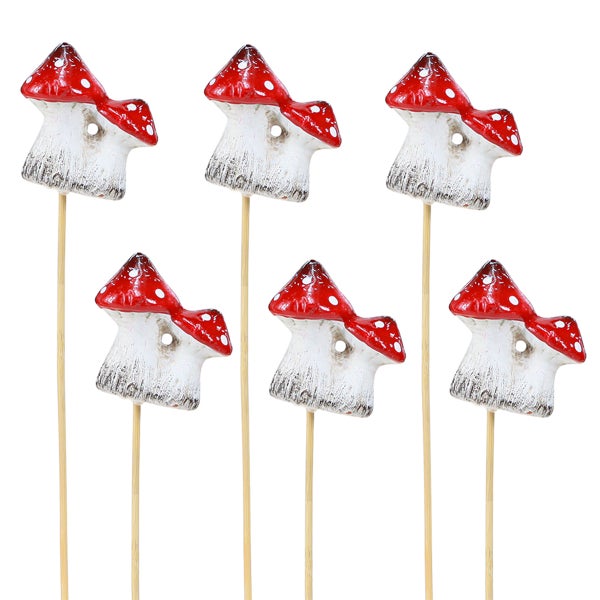 Dekorative Pilze am Holzstab für den Garten, Set mit sechs Stück