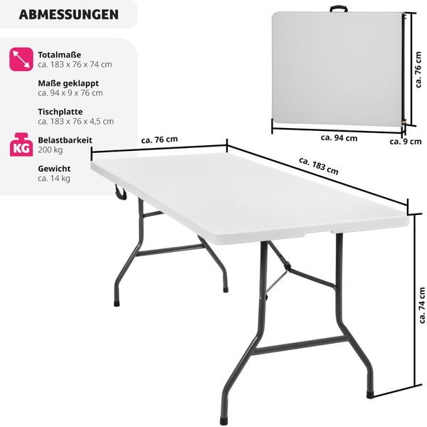 Campingtisch tectake  183 x 76 x 74 cm klappbar weiß