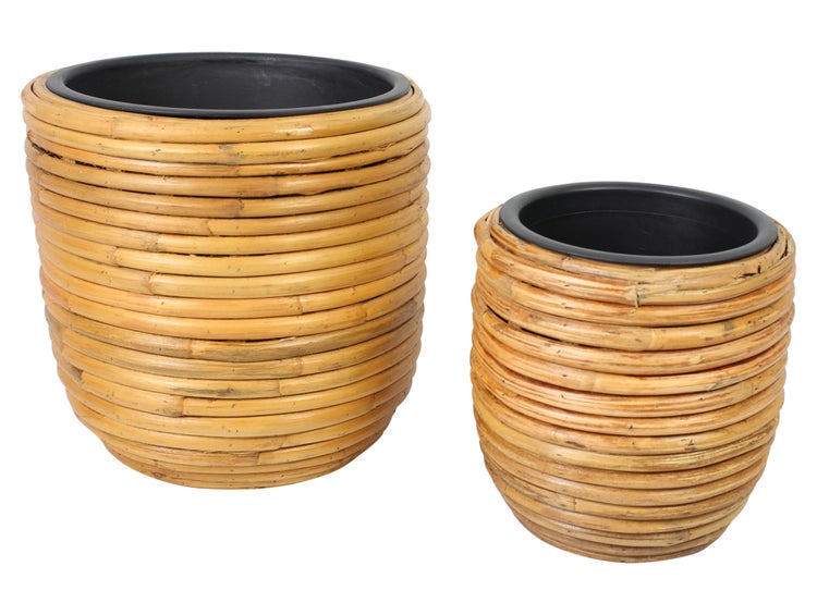 FRANK FLECHTWAREN | Übertopf Rattan, 2er Set, RATTAN, HOLZ, KUNSTSTOFF, Ø 24 x 25 cm, Ø 33 x 33 cm