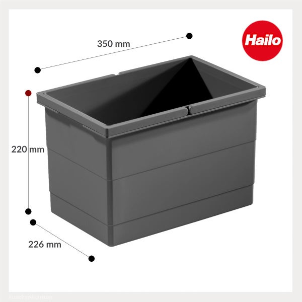 Hailo Abfalleimer-Einsatz aus Kunststoff, Maße 350 Millimeter mal 220 Millimeter mal 226 Millimeter. Hailo Logo.