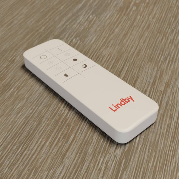 Fernbedienung mit Lindby Logo und Symbolen für Helligkeit, Farbtemperatur und Nachtmodus auf einer Holzoberfläche.