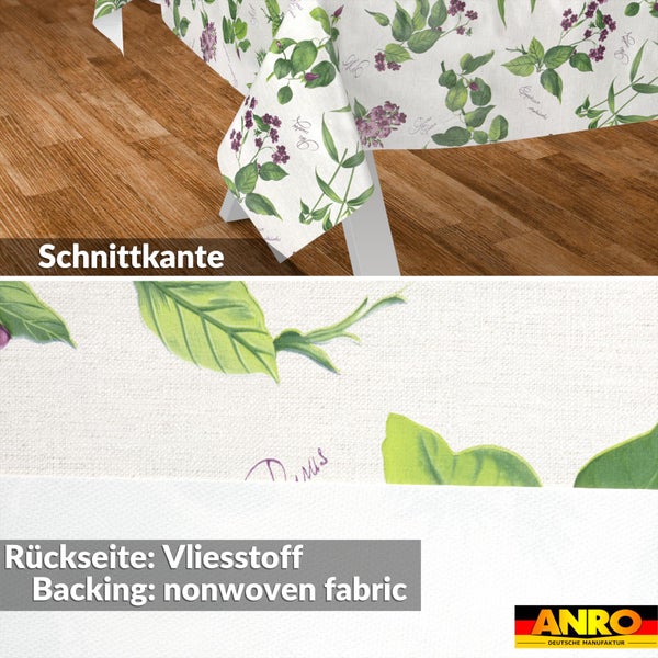 Wachstuch-Tischdecke mit botanischem Muster, Schnittkante und Vliesstoff-Rückseite. ANRO Logo.