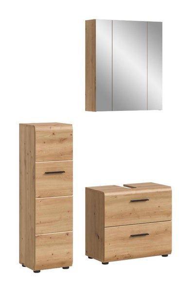 Badmöbel-Set in Eichenoptik mit Hochschrank, Waschbeckenunterschrank und dreitürigem Spiegelschrank.