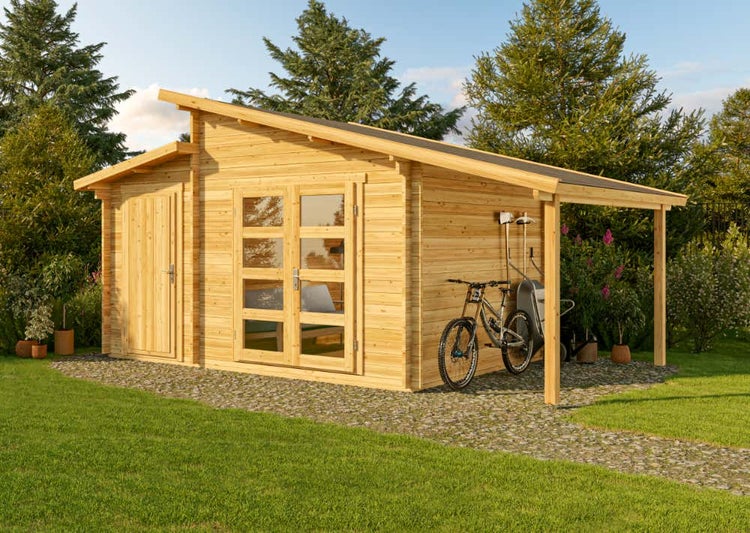 Alpholz Gartenhaus Aktiva 40 Varianta Gartenhaus aus Holz in natur, Holzhaus mit 40 mm Wandstärke inklusive Schleppdach, Blockbohlenhaus mit Montagematerial imprägniert 4,5x3m