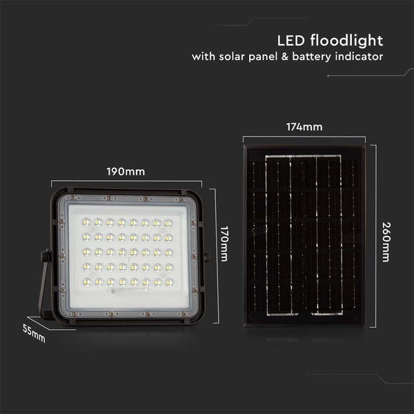 LED-Strahler mit Solarpanel und Batterieanzeige mit Maßangaben