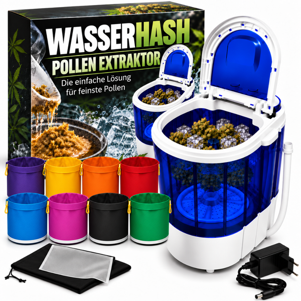Wasserhash Pollen Extraktor Set mit Waschmaschine, acht verschiedenen Filterbeuteln, Netz und Netzteil in einer Produktverpackung.