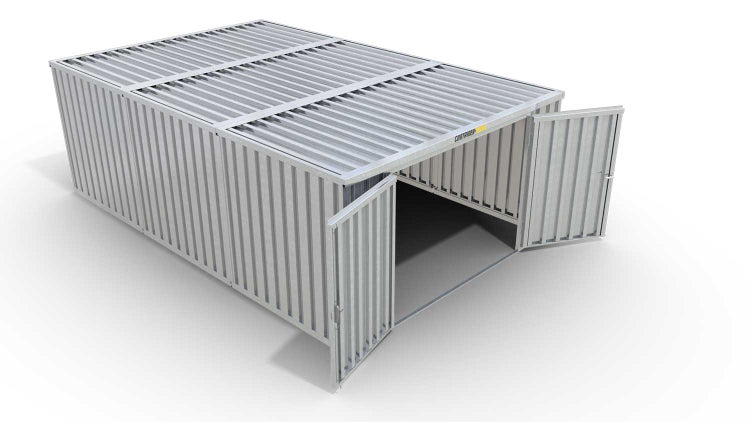 Lagercontainer Gerätehaus M3  – 18 qm, H2115 x B3050 x T6520 mm, verzinkt, ohne Fußboden, 2750 mm Doppelflügeltür mittig in Stirnseite, zerlegt