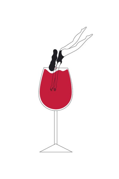 Illustration einer Frau, die in ein Weinglas springt