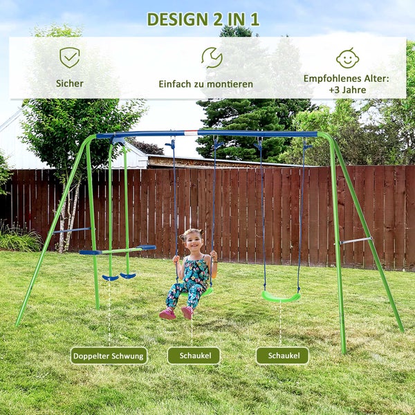 Outsunny Schaukelgestell Outdoor Schaukelgerüst mit 2 Schaukeln, Wippe, Kinderschaukel mit Metallgestell, verstellbarem Seil Gartenschaukel für Kinder, Grün