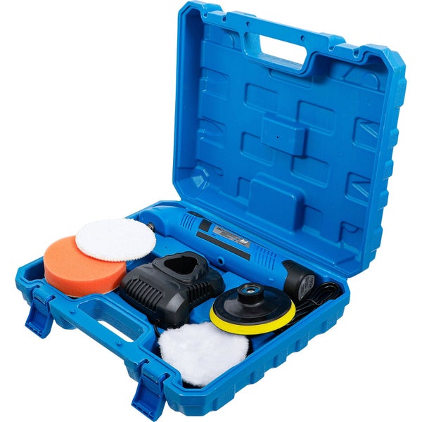 10,8 Volt Akku-Poliermaschine Set im blauen Koffer mit Ladegerät und verschiedenen Polierscheiben, BGS Technic Logo.
