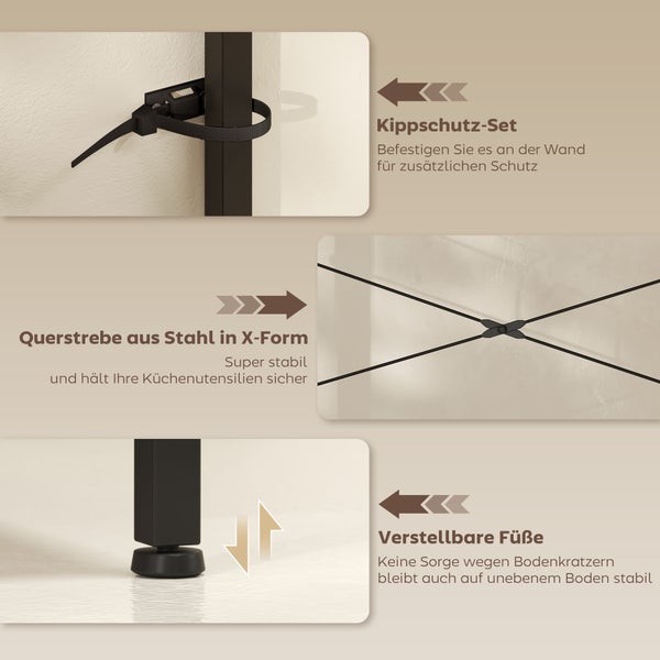 Produktdetails eines Regals mit Kippschutz-Set zur Wandbefestigung, X-förmiger Querstrebe aus Stahl und verstellbaren Füßen.