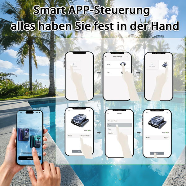 Smart App-Steuerung für Poolroboter auf einem Smartphone mit Schritten zur Auswahl von Boden- und Wandreinigung in einem hellen Poolbereich.